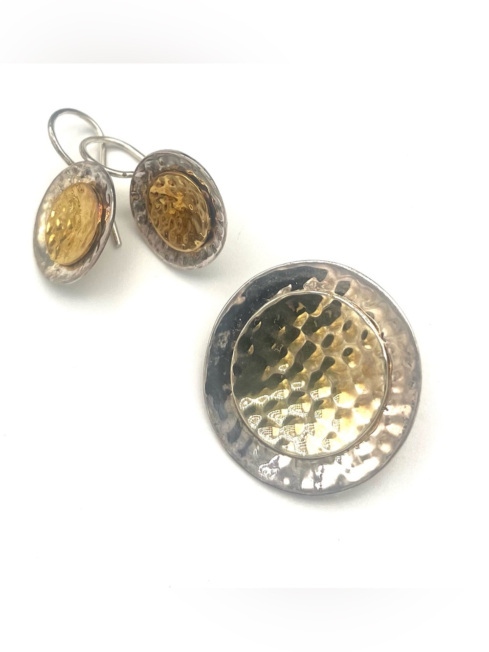 Silpada Sterling Silver 14K Gold Hammered Disc Pendant & Earrings Set